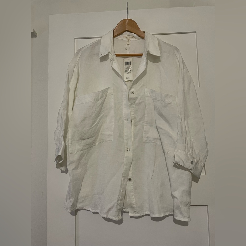 Eileen Fisher Linen Tencel White Classic collar Shirt Size M
